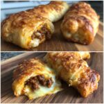 Close-up of a Cheesy Taco Stick cut open showing melted cheese and seasoned ground beef filling.