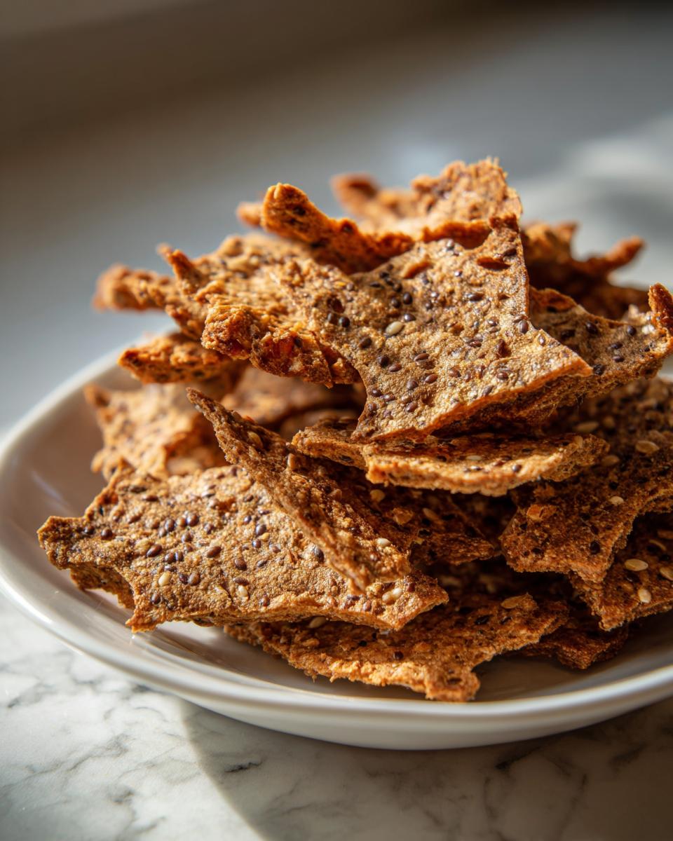Close-up of a pile of freshly baked, crispy Chia Flax Seed Crackers on a white plate.