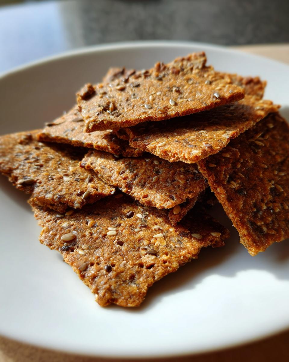 A close-up of crispy, golden-brown Chia Flax Seed Crackers stacked on a white plate.