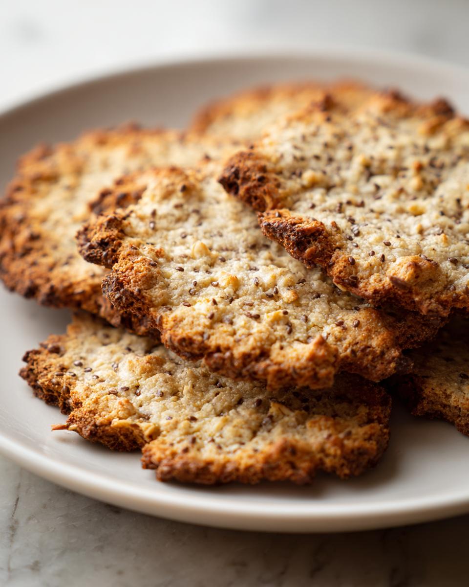 Close-up of several crispy, golden brown Chia Flax Seed Crackers stacked on a light plate.