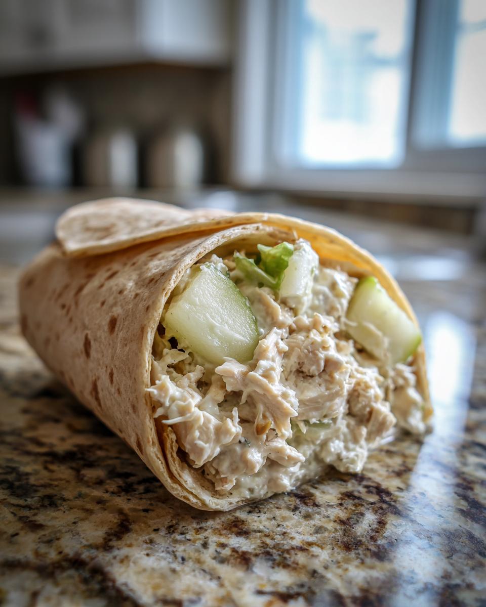 A close-up of a fresh Chicken Apple Salad Wraps filling spilling slightly out of a whole wheat tortilla.