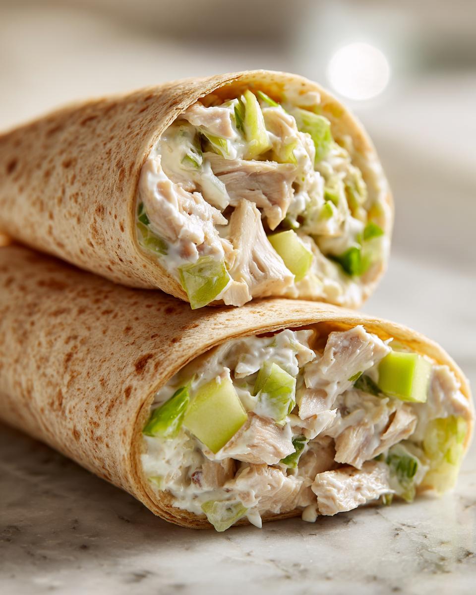 Two halves of a whole wheat wrap filled with creamy Chicken Apple Salad Wraps mixture, showing shredded chicken and green apple chunks.