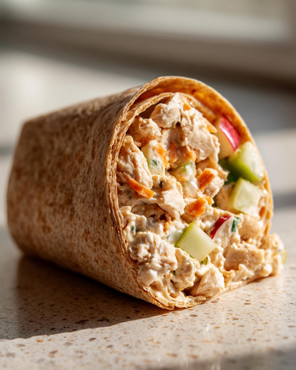 Close-up of a Chicken Apple Salad Wraps filling featuring creamy chicken salad, diced green apples, and carrots in a whole wheat tortilla.