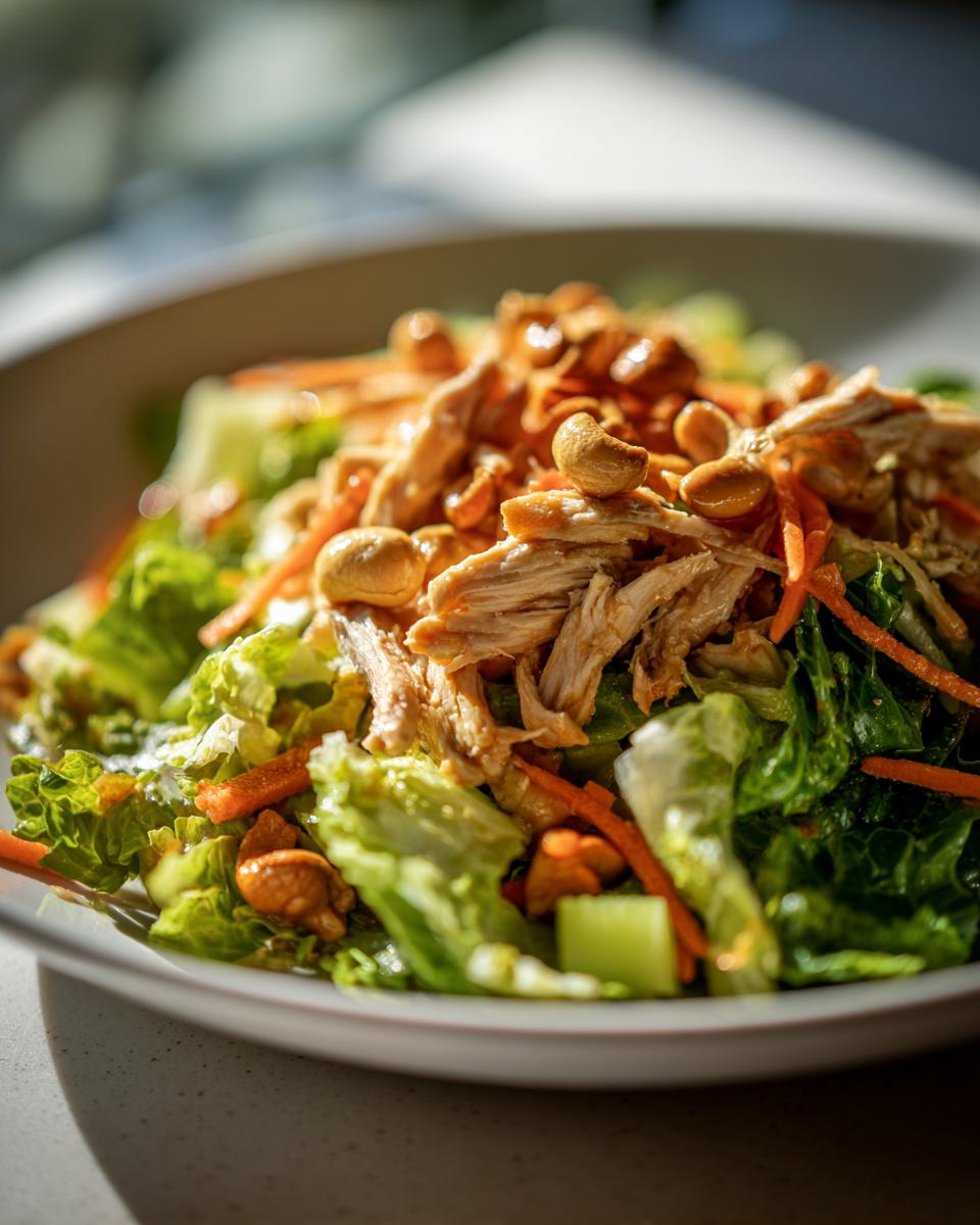 A close-up, appetizing shot of Chicken Cashew Crunch Salad featuring shredded chicken, cashews, and shredded carrots over crisp lettuce.