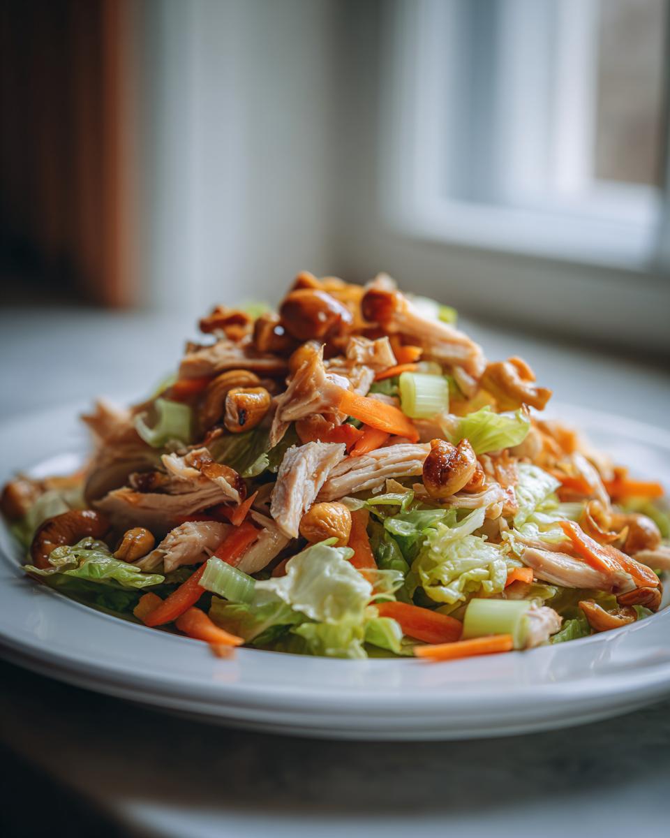 A vibrant Chicken Cashew Crunch Salad piled high on a white plate featuring shredded chicken, carrots, celery, and cashews.