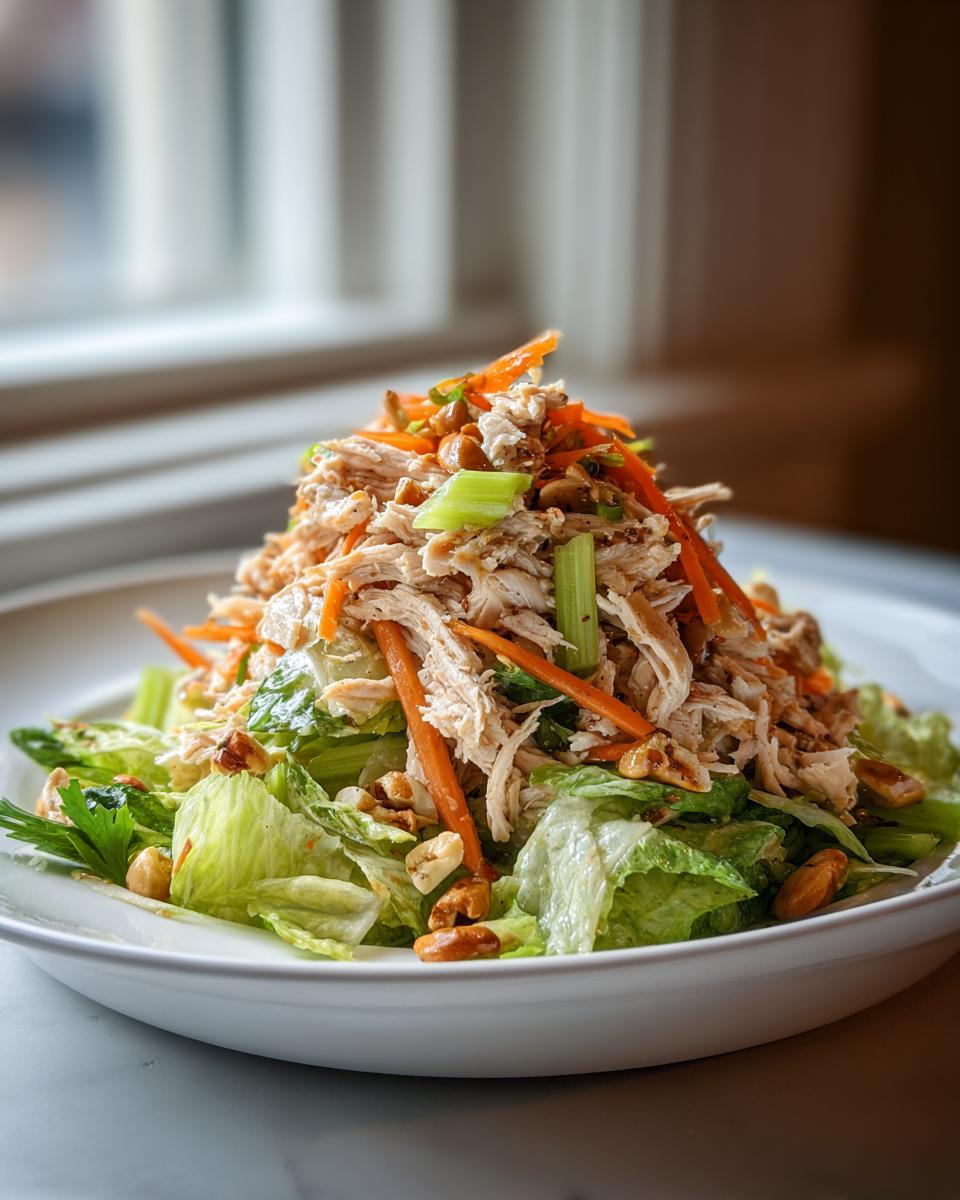 A vibrant Chicken Cashew Crunch Salad featuring shredded chicken, carrots, celery, and cashews over lettuce.