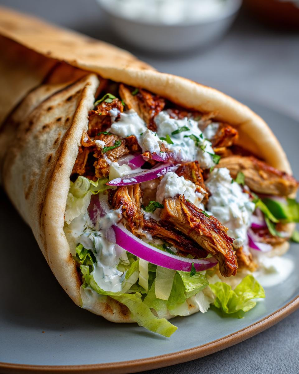 Close-up of a delicious Chicken Gyros wrapped in pita bread, filled with seasoned chicken, lettuce, red onion, and tzatziki sauce.
