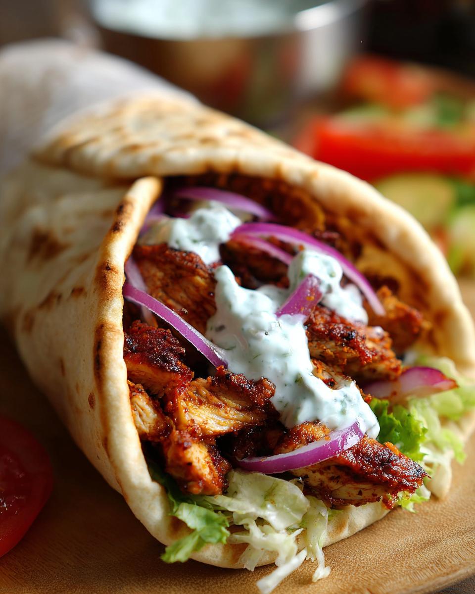 A close-up of a delicious Chicken Gyros wrapped in pita bread, filled with seasoned chicken, red onion, lettuce, and tzatziki sauce.