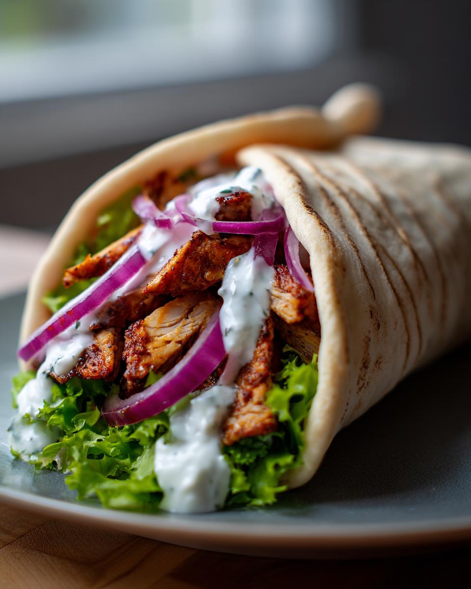 Close-up of a delicious Chicken Gyros wrapped in grilled pita bread with lettuce, red onion, and tzatziki sauce.