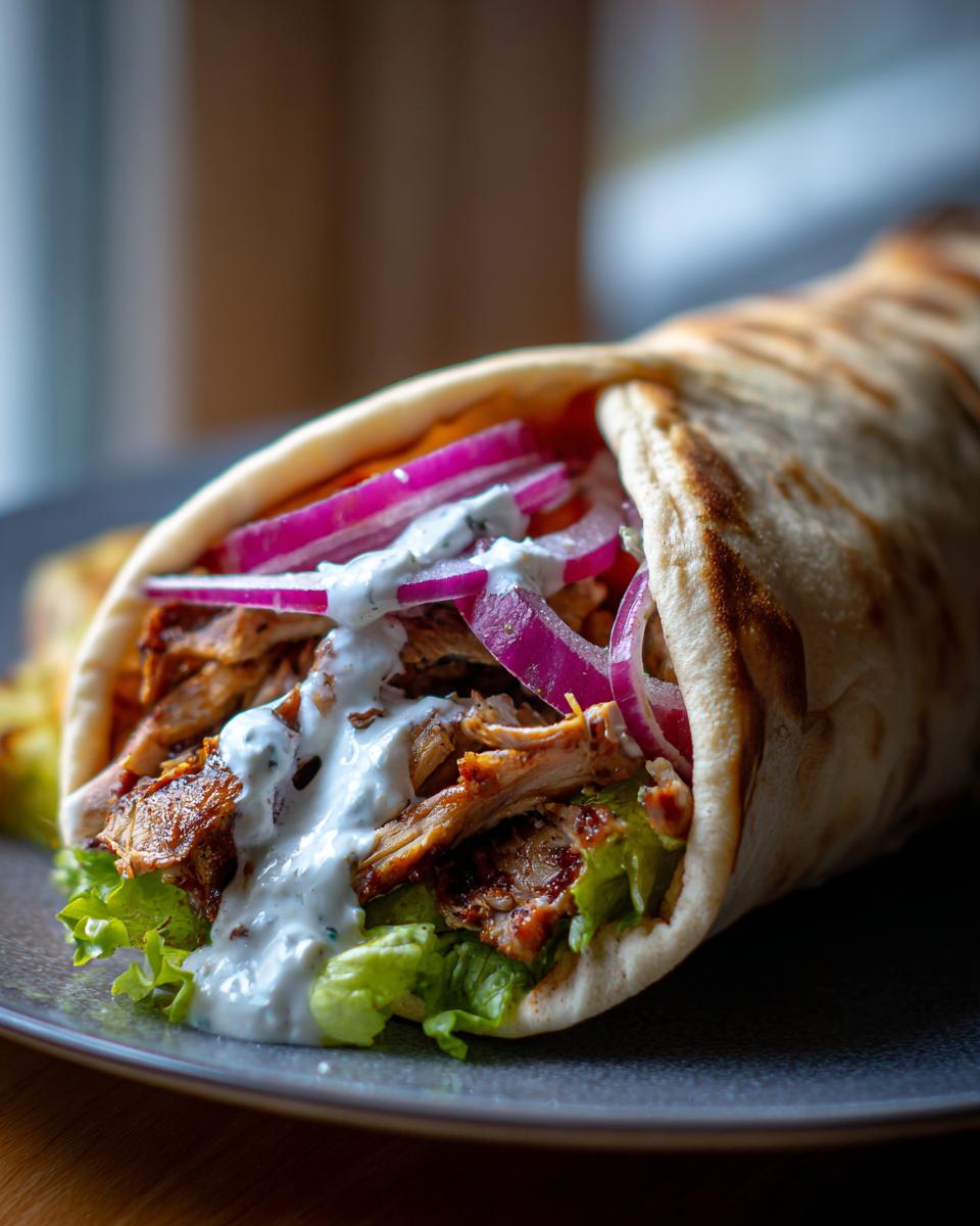 A close-up of a fully loaded Chicken Gyros wrapped in pita bread with tzatziki sauce, red onion, and lettuce.