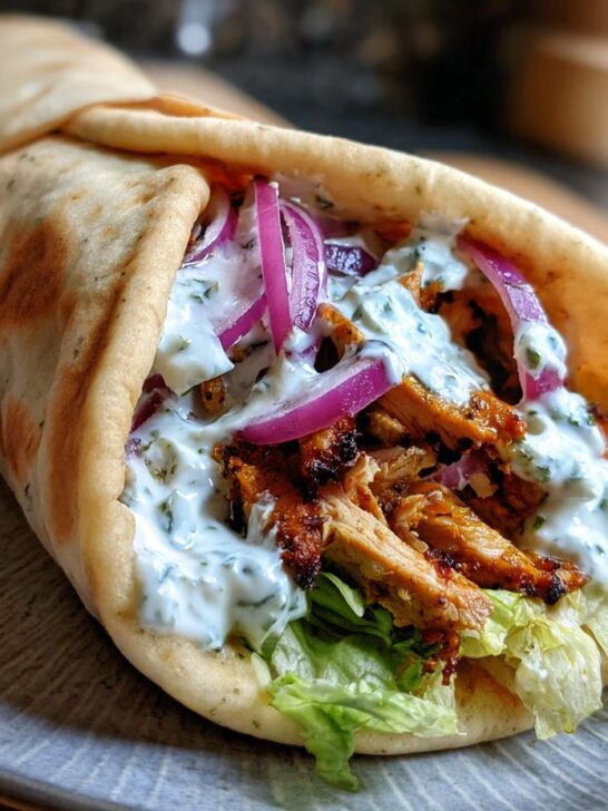 A close-up of a fully loaded Chicken Gyros wrapped in pita bread with tzatziki sauce, red onion, and lettuce.