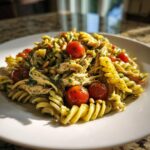 A close-up of Chicken Pesto Pasta Salad featuring fusilli pasta, shredded chicken, cherry tomatoes, and pine nuts.