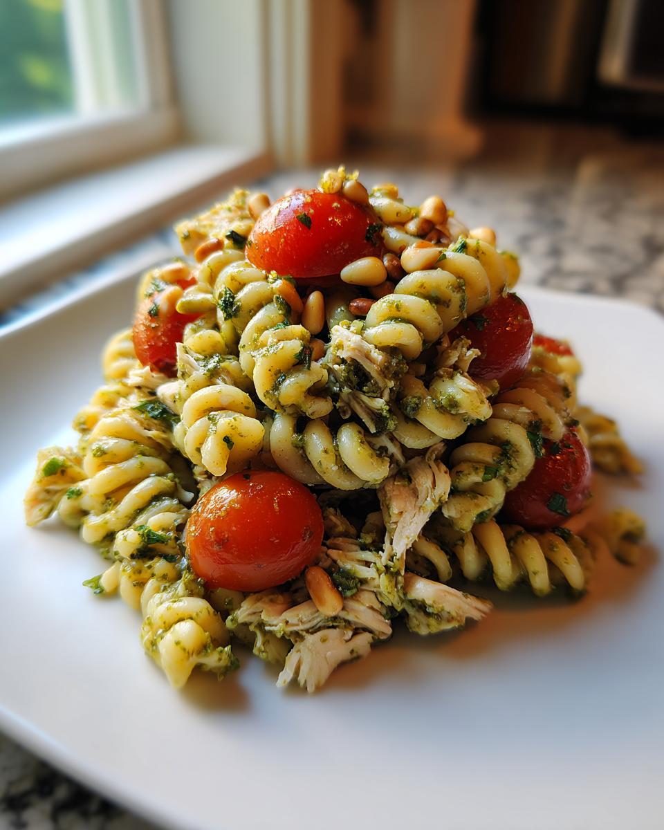 A close-up of Chicken Pesto Pasta Salad featuring rotini pasta, shredded chicken, cherry tomatoes, and pine nuts.