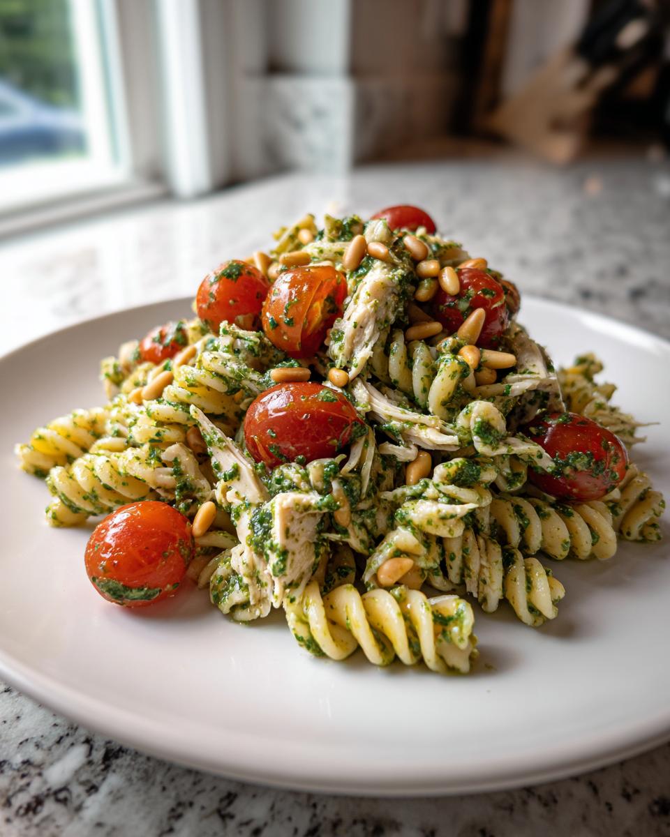 Close-up of Chicken Pesto Pasta Salad featuring rotini pasta, shredded chicken, cherry tomatoes, and pine nuts on a white plate.