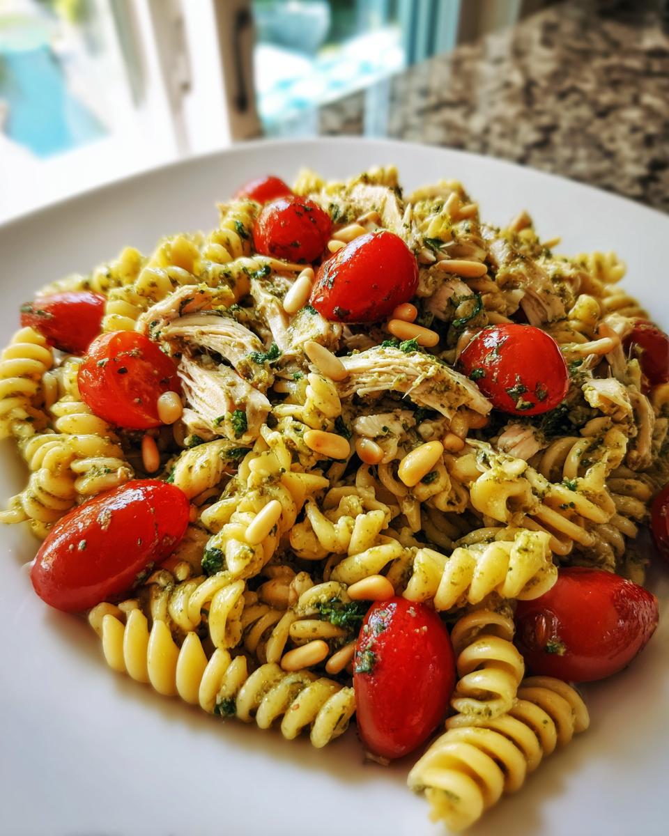 Close-up of Chicken Pesto Pasta Salad featuring fusilli pasta, shredded chicken, bright red cherry tomatoes, and pine nuts.