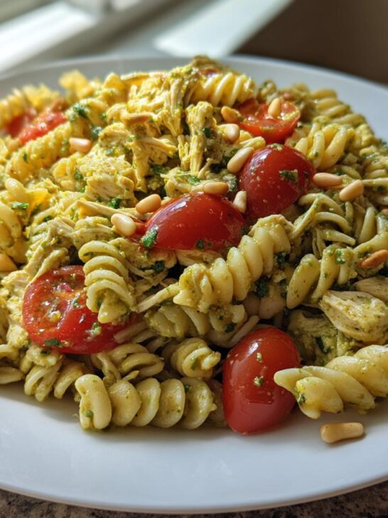 A plate of Chicken Pesto Pasta Salad featuring rotini pasta, shredded chicken, cherry tomatoes, and pine nuts.