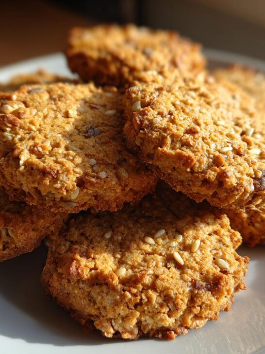 A stack of golden brown, textured Chickpea Seed Crackers loaded with visible seeds on a light gray plate.