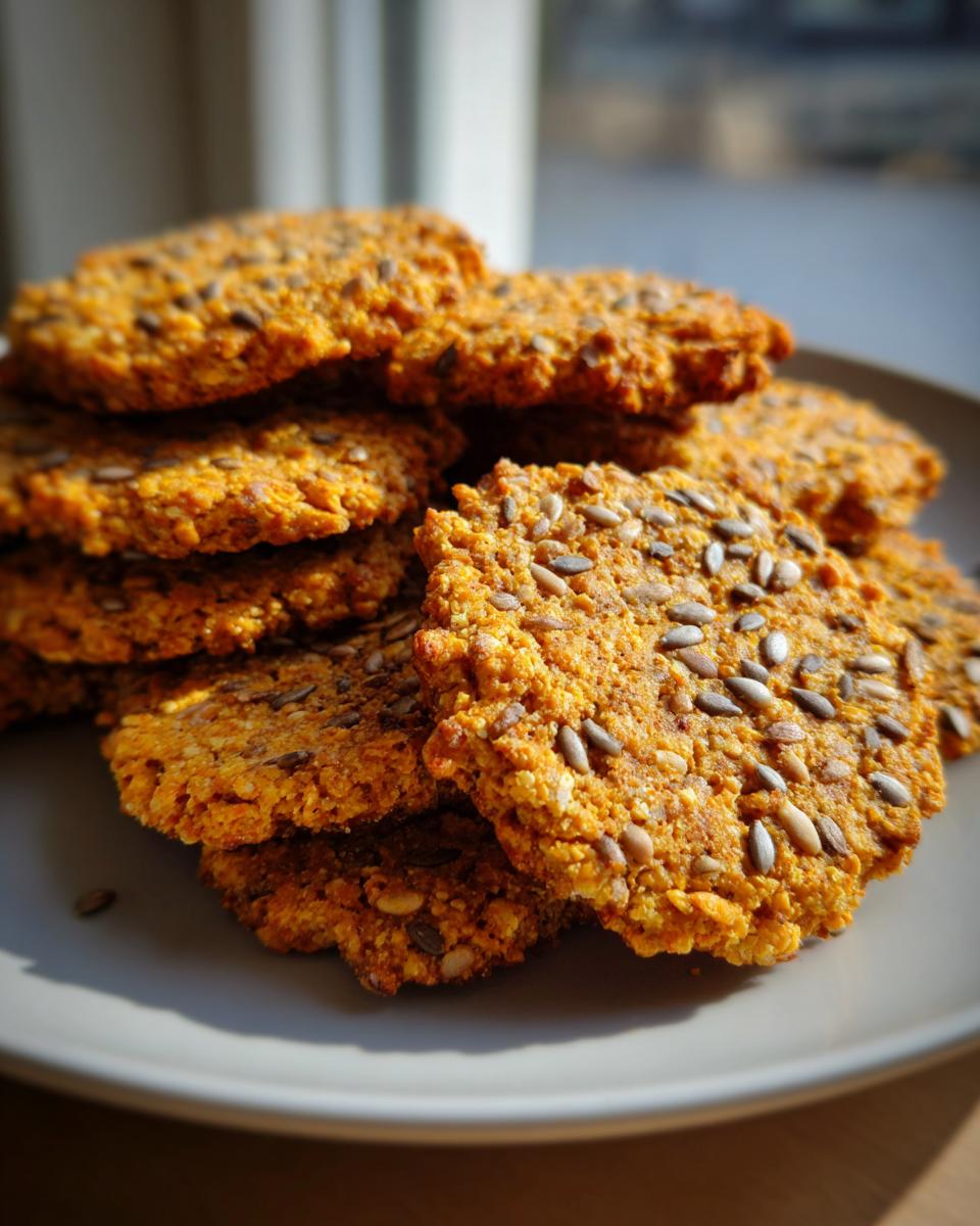 A close-up stack of golden, textured Chickpea Seed Crackers topped generously with sunflower and flax seeds.