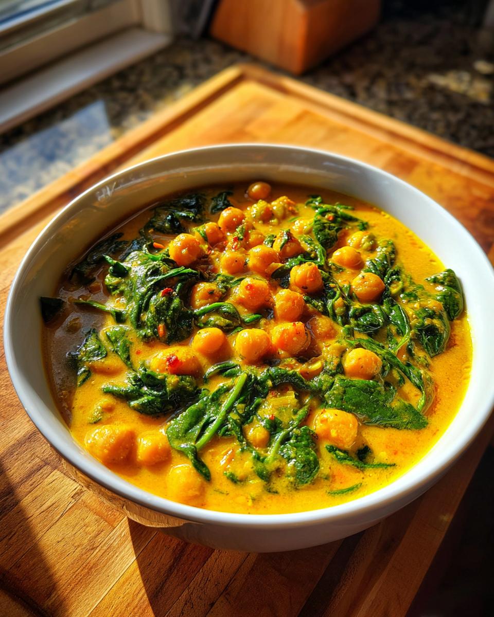 A close-up of a white bowl filled with vibrant yellow Chickpea Spinach Coconut Curry, featuring whole chickpeas and wilted spinach.