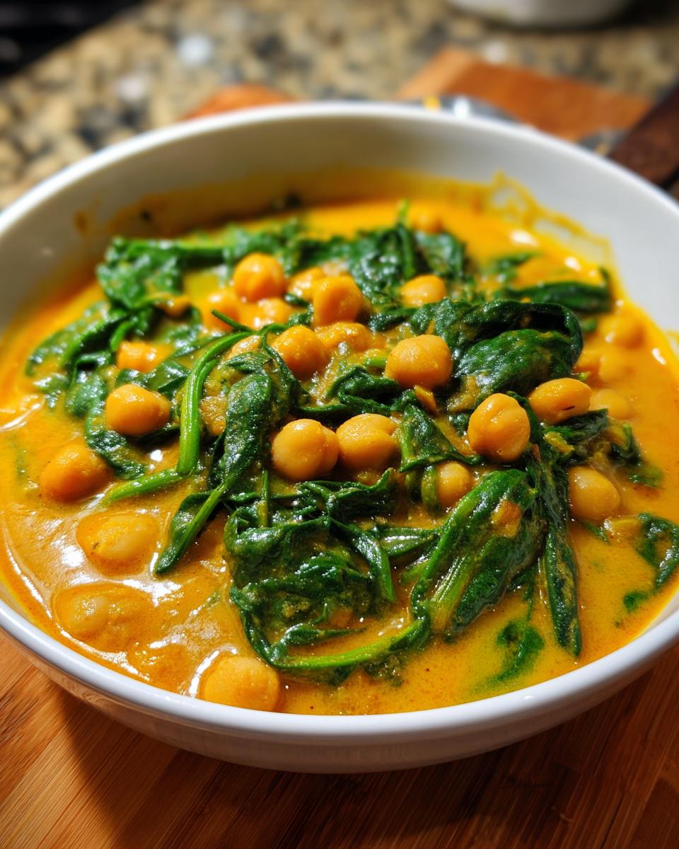 A close-up of a white bowl filled with rich, orange Chickpea Spinach Coconut Curry, featuring whole chickpeas and wilted spinach.