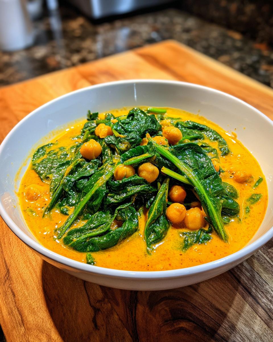 A white bowl filled with vibrant Chickpea Spinach Coconut Curry, featuring bright green spinach and yellow chickpeas in an orange sauce.