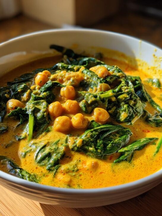 A close-up of a white bowl filled with vibrant yellow Chickpea Spinach Coconut Curry, featuring whole chickpeas and wilted spinach.