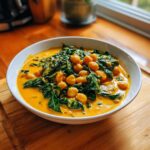 A white bowl filled with vibrant Chickpea Spinach Coconut Curry, featuring chickpeas and dark green spinach in a rich orange sauce.
