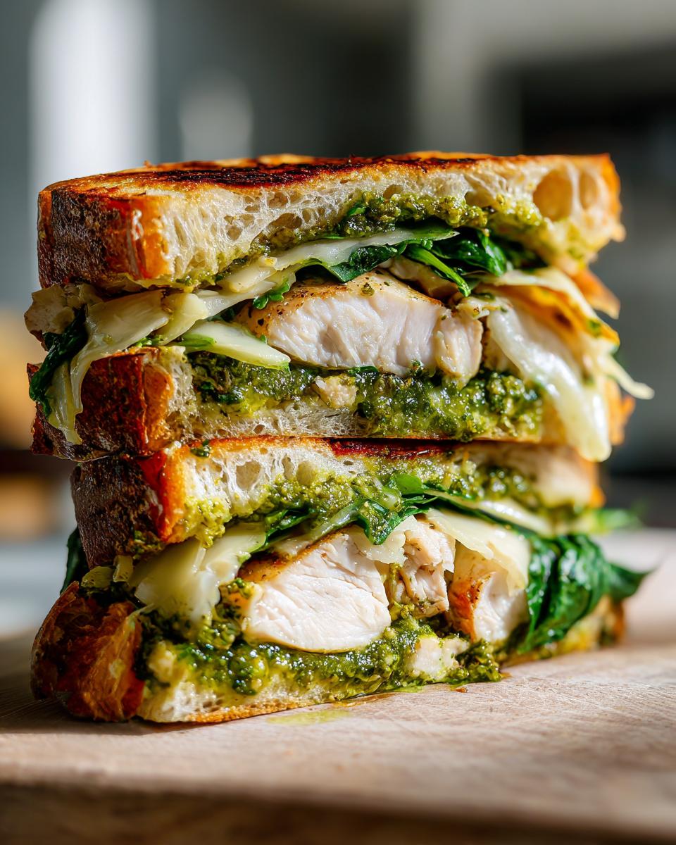 A halved Ciabatta Chicken Pesto Sandwich stacked, showing grilled chicken, melted cheese, spinach, and thick pesto spread.