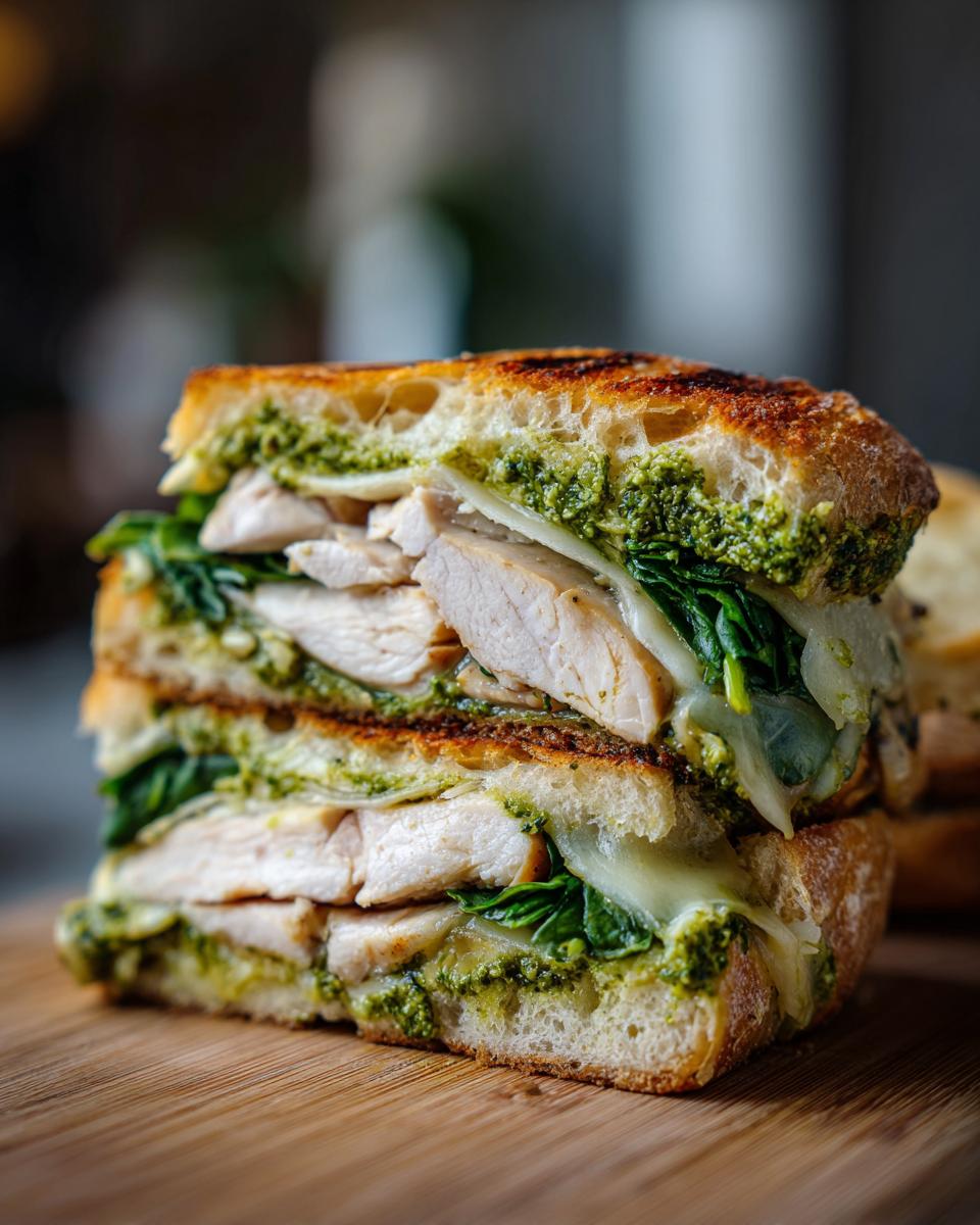A cross-section of a grilled Ciabatta Chicken Pesto Sandwich showing layers of chicken, melted cheese, spinach, and vibrant green pesto.