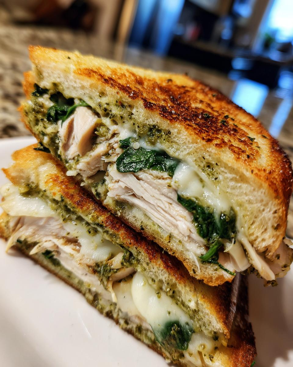 Close-up of a Ciabatta Chicken Pesto Sandwich cut in half, showing melted cheese, sliced chicken, and pesto.