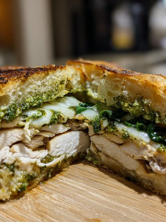 Close-up of a Ciabatta Chicken Pesto Sandwich cut in half, showing sliced chicken, melted cheese, and green pesto.
