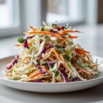 A vibrant mound of fresh Cilantro Lime Coleslaw featuring shredded cabbage, carrots, and cilantro, lightly dressed.