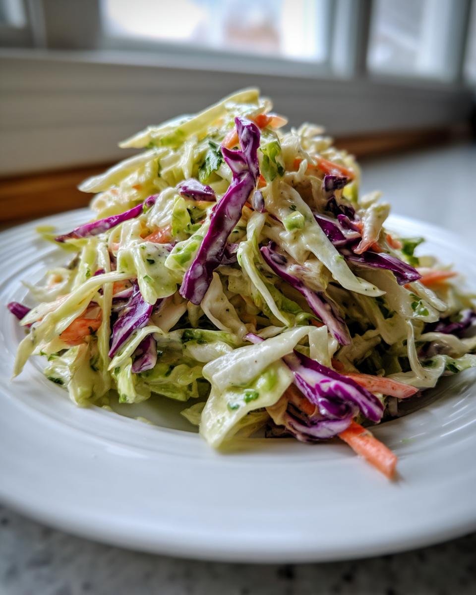 A vibrant mound of Cilantro Lime Coleslaw featuring shredded green and purple cabbage and carrots in a creamy dressing.