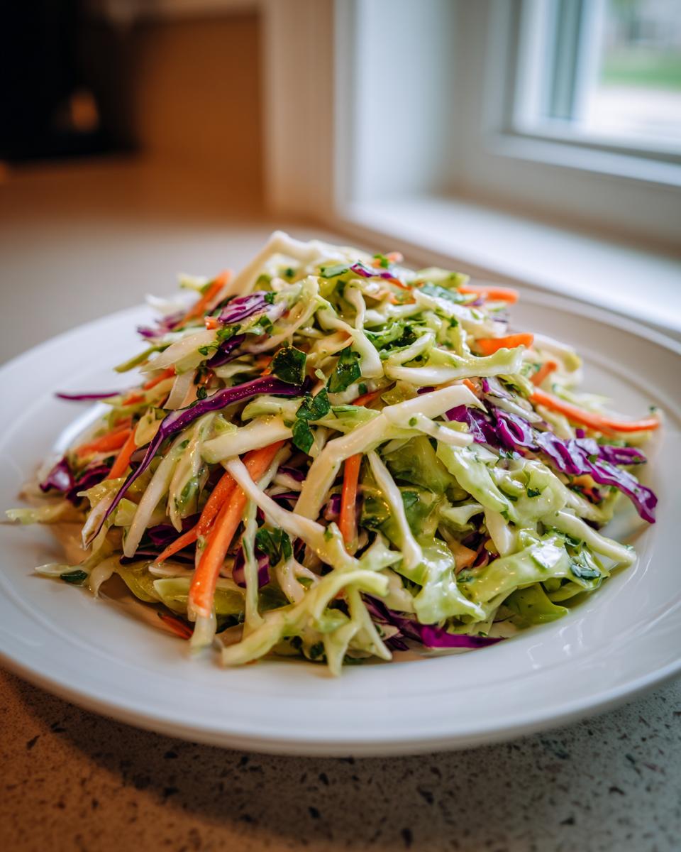A close-up serving of vibrant Cilantro Lime Coleslaw featuring shredded green cabbage, red cabbage, and carrots.