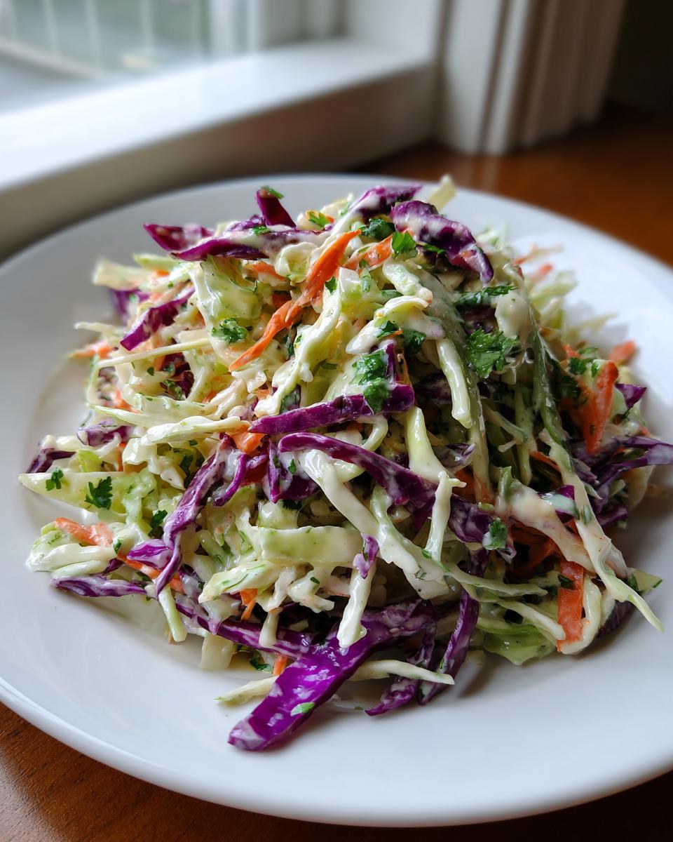 A serving of vibrant Cilantro Lime Coleslaw featuring shredded green and red cabbage, carrots, and creamy dressing.