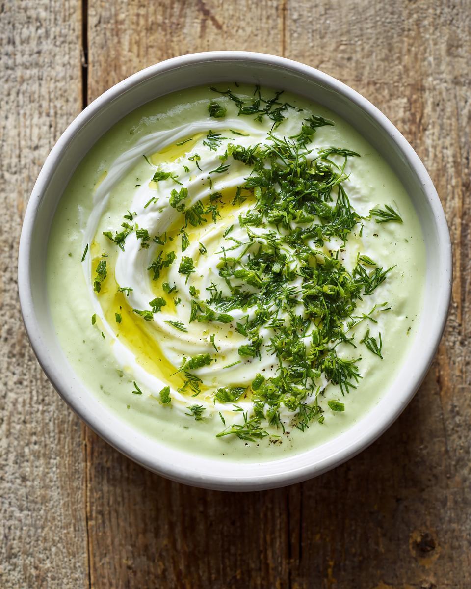 Overhead view of Cold Cucumber Soup With Yogurt And Dill, topped with a swirl of yogurt, olive oil, and fresh dill.