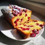 A slice cut from a loaf of Cranberry Orange Breakfast Cake, topped with fresh cranberries and powdered sugar.