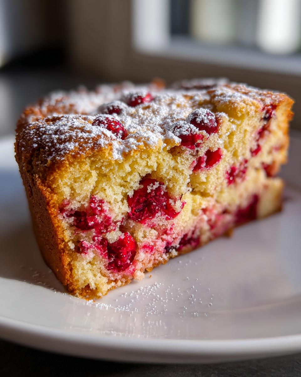 Close-up of a moist slice of Cranberry Orange Breakfast Cake topped with powdered sugar on a white plate.