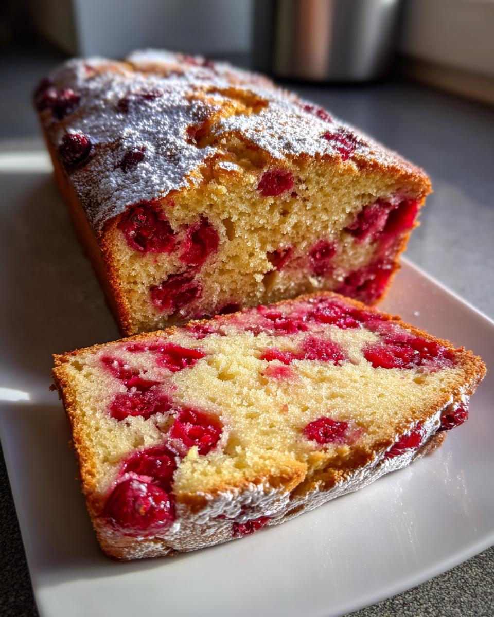 A close-up of a slice cut from a Cranberry Orange Breakfast Cake, showing bright red cranberries baked into the yellow crumb and dusted with powdered sugar.
