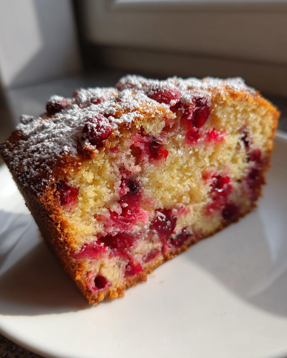 Close-up of a moist slice of Cranberry Orange Breakfast Cake, studded with bright red cranberries and dusted with powdered sugar.