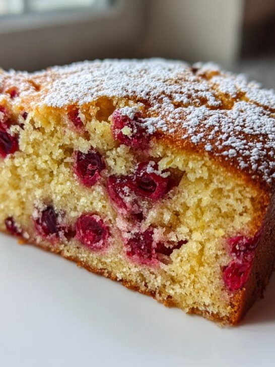 A close-up of a moist slice of Cranberry Orange Breakfast Cake studded with bright red cranberries, dusted with powdered sugar.