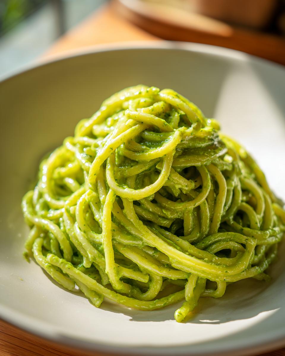 A close-up shot of thick pasta noodles coated in vibrant green Creamy Avocado Pasta sauce.