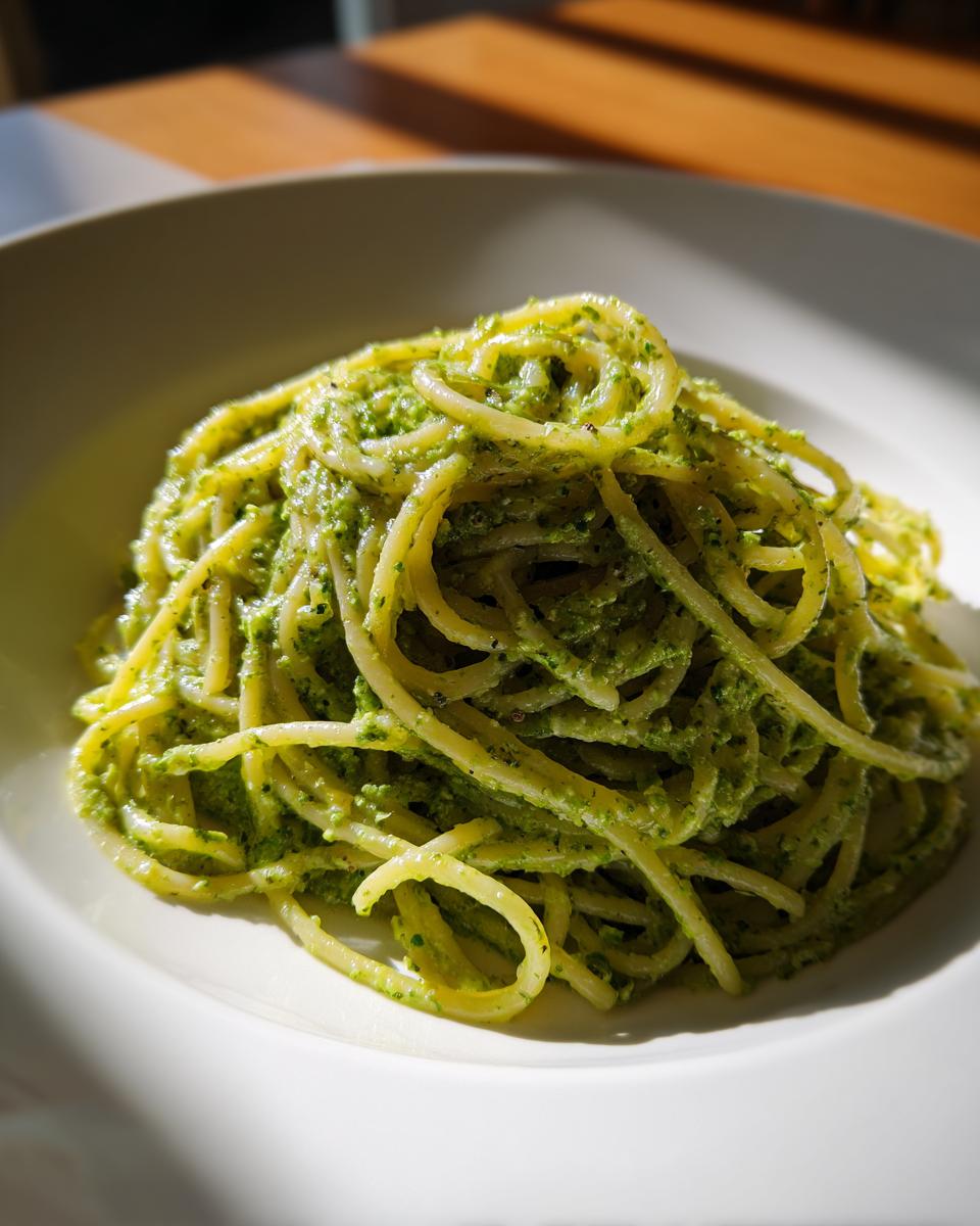 A close-up of spaghetti tossed thoroughly in a vibrant green, creamy avocado pasta sauce, served on a white plate.