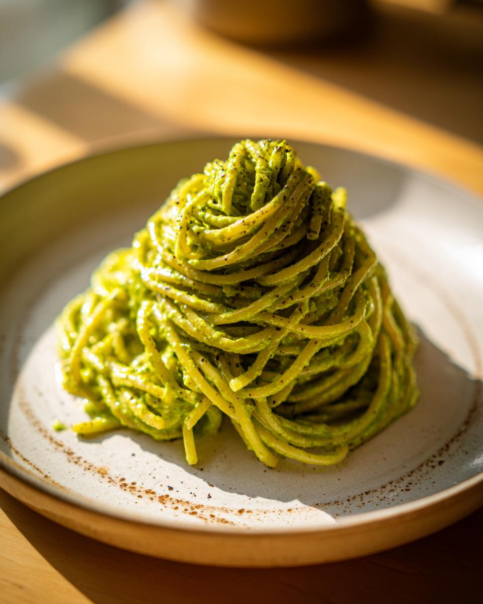 A tall swirl of spaghetti coated in vibrant green Creamy Avocado Pasta sauce, seasoned with pepper.
