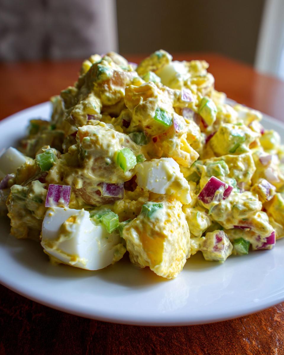 A generous serving of creamy Mustard Potato Salad featuring chunks of potato, hard-boiled egg, red onion, and celery on a white plate.