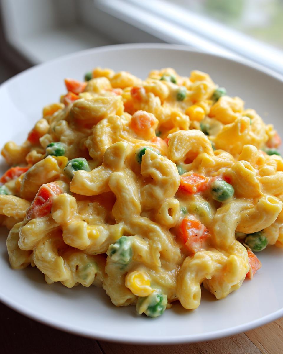 Close-up of a serving of creamy One Pot Veggie Mac And Cheese with peas, carrots, and corn.