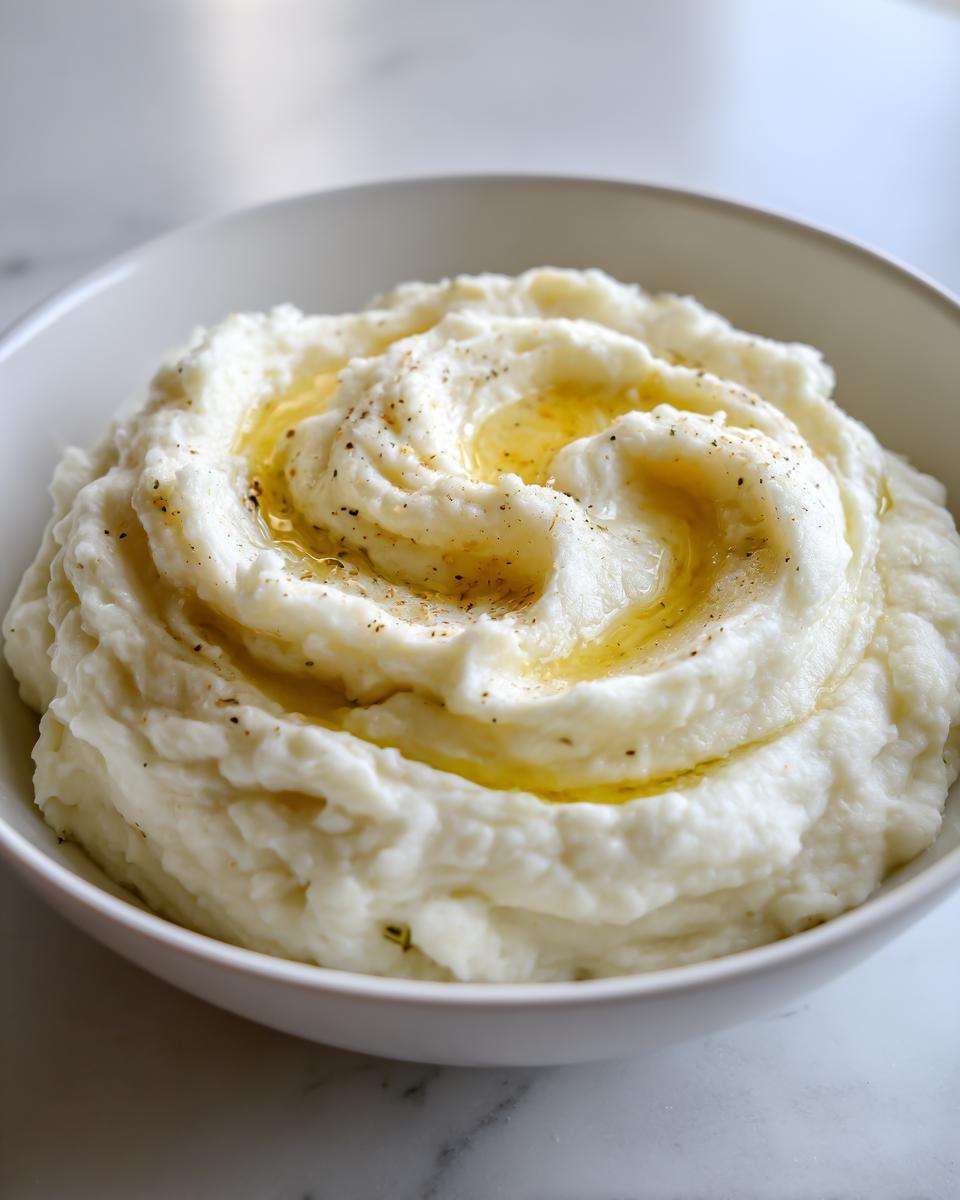 Close-up of creamy Roasted Garlic Mashed Potatoes swirled in a white bowl, topped with melted butter and pepper.