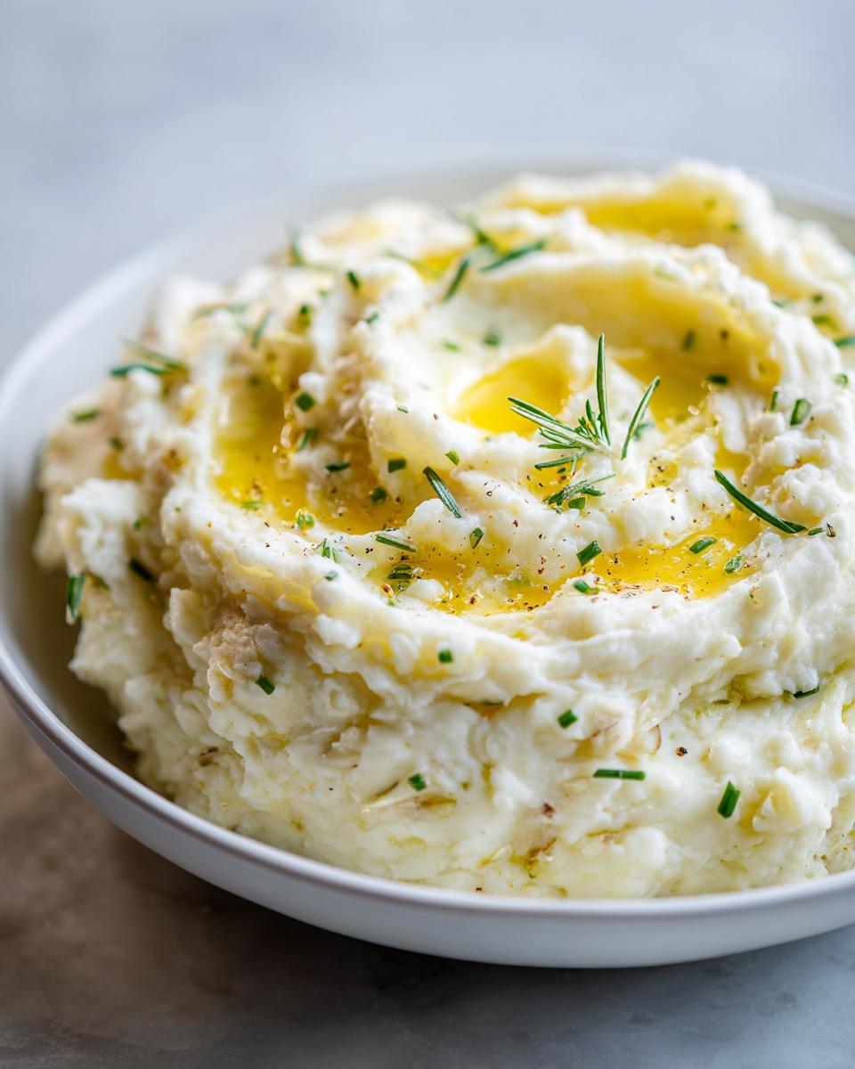 A close-up of creamy Roasted Garlic Mashed Potatoes topped with melted butter and fresh herbs.