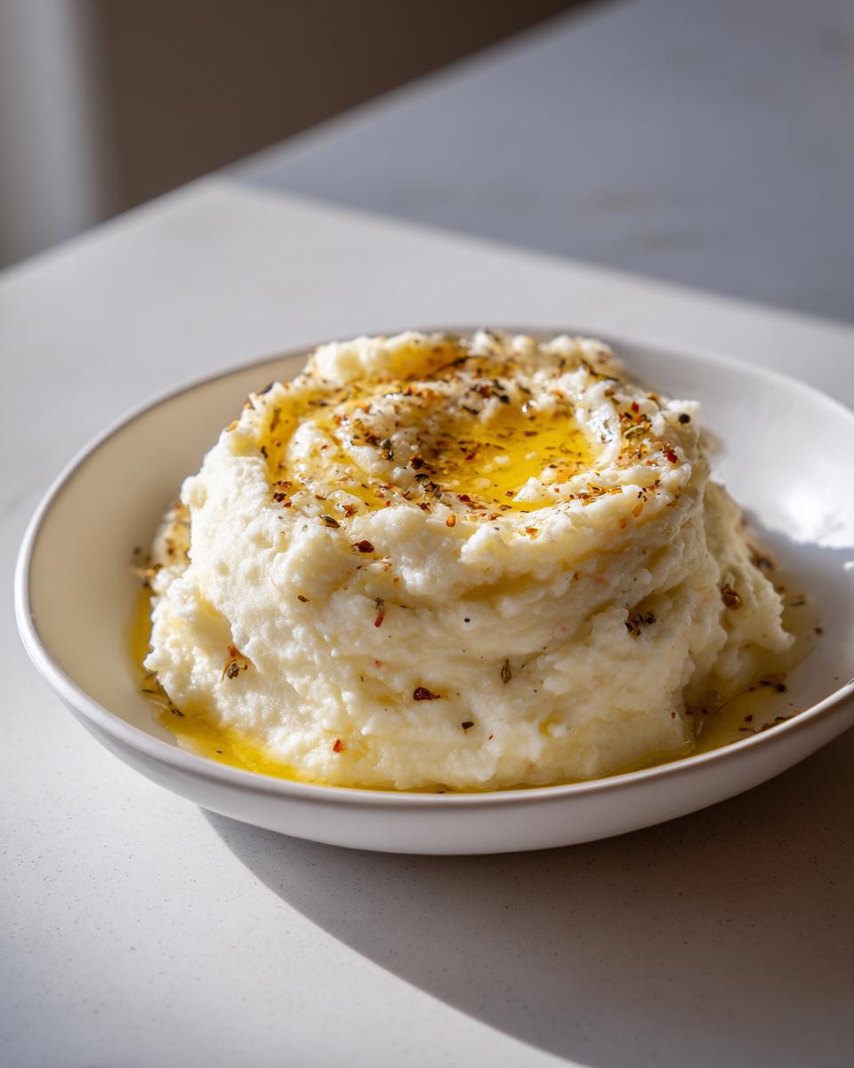 A bowl of fluffy Roasted Garlic Mashed Potatoes topped with melted butter and herbs.