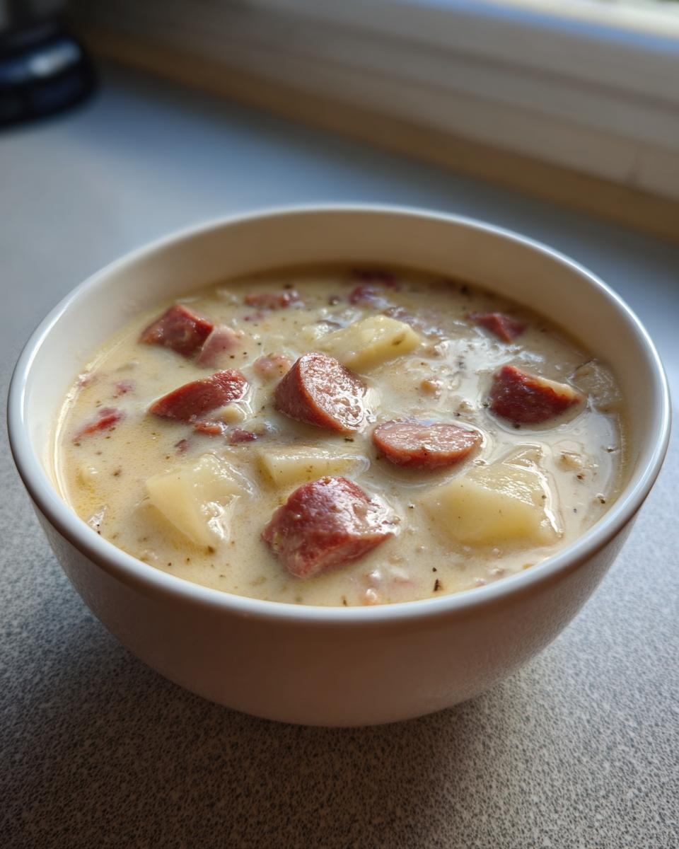 A close-up of a white bowl filled with rich, creamy sausage and potato soup, featuring chunks of sausage and potato.